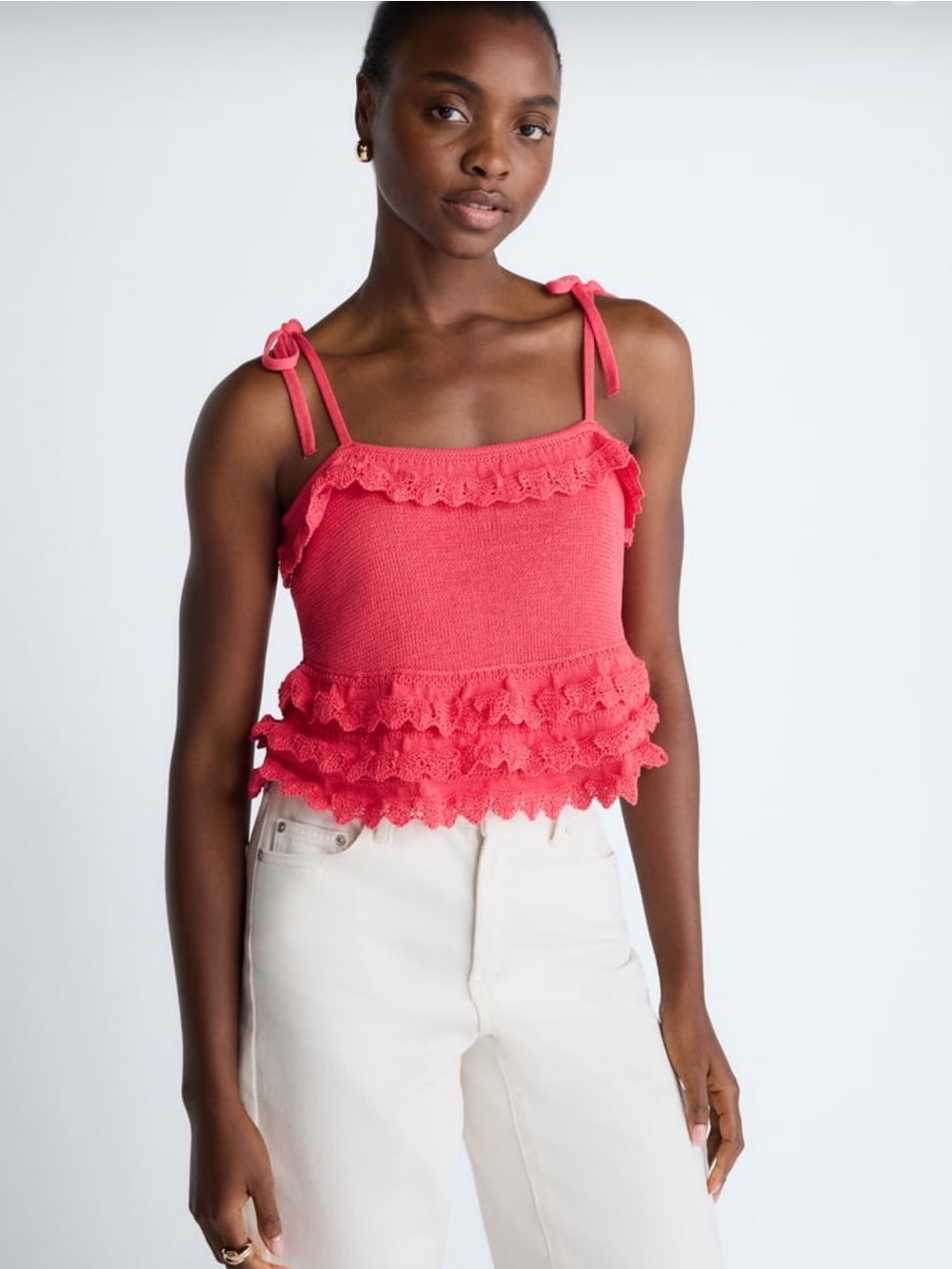 New scoop Ruffled Tie-Shoulder Knit sweater Top - Coral Pink xxl